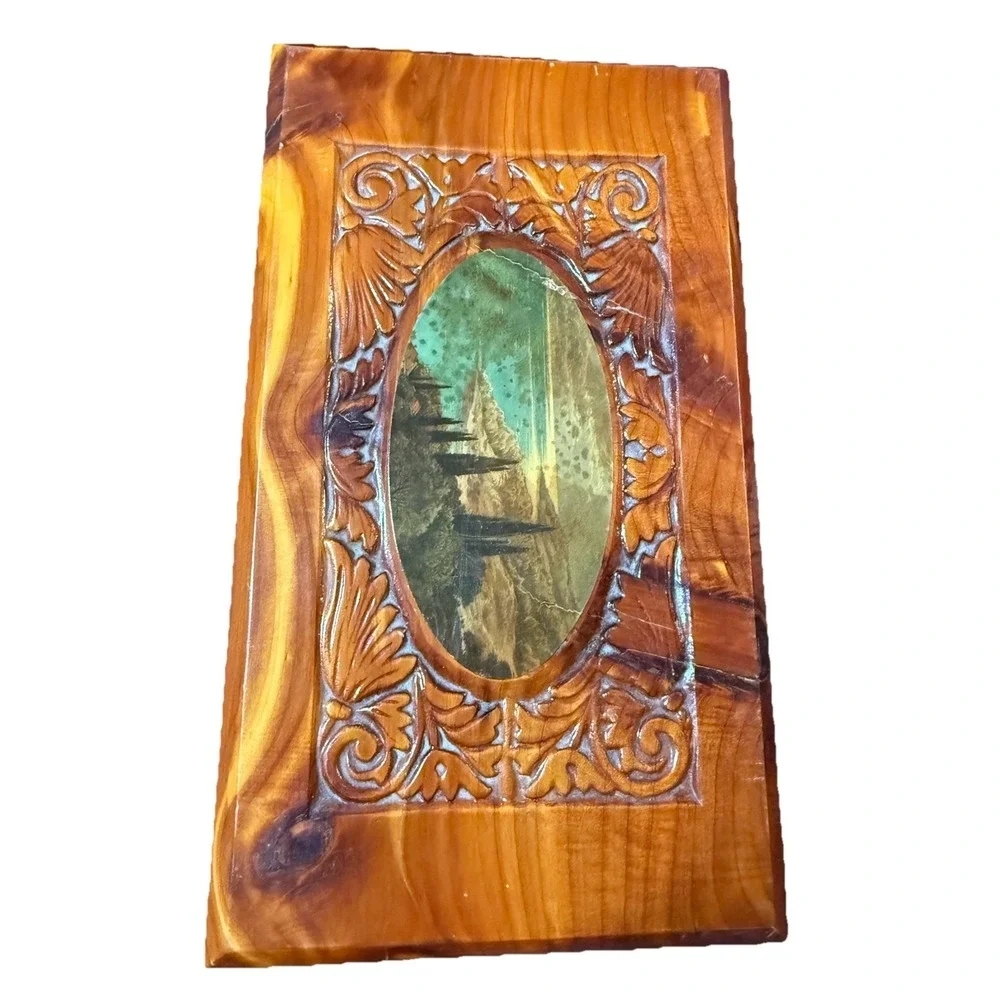 Vintage wood carved jewelry box scene on top mirror lock 11x4.5x6